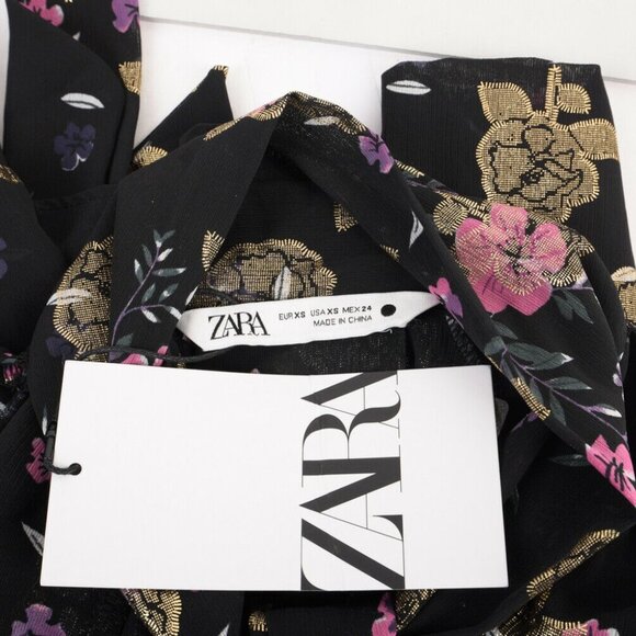 Zara Blouse Shirt XS Tied V-Neck Black Floral - Picture 7 of 7